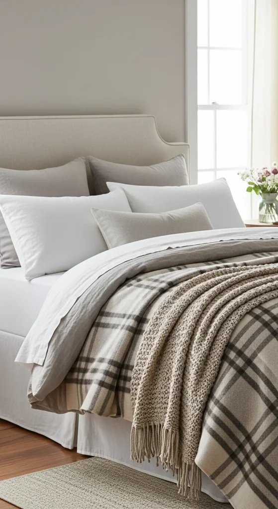 8 Cozy Farmhouse Bedroom Ideas for Country Charm Bed with cozy linens, cotton sheets, and plaid blanket