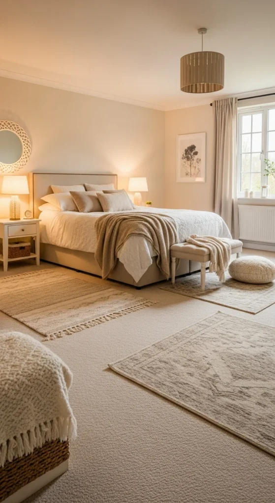 10 Warm Bedroom Aesthetic Ideas for a Comfy Retreat Bedroom floor with layered rugs and soft warm carpeting