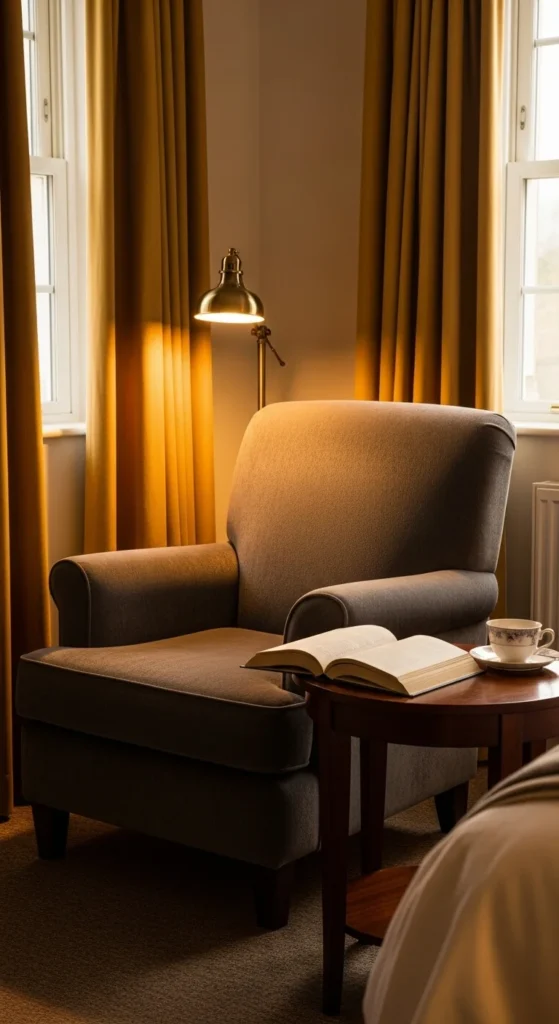 7 Unique Bedroom Design Ideas Bedroom reading nook with chair, table, and soft lamp
