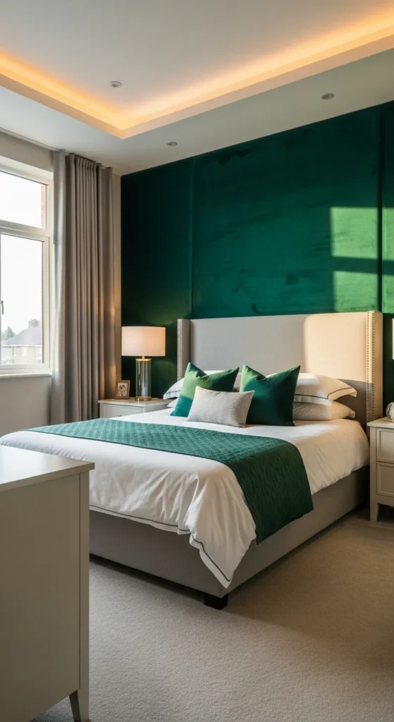 Bedroom with a bold emerald green accent wall