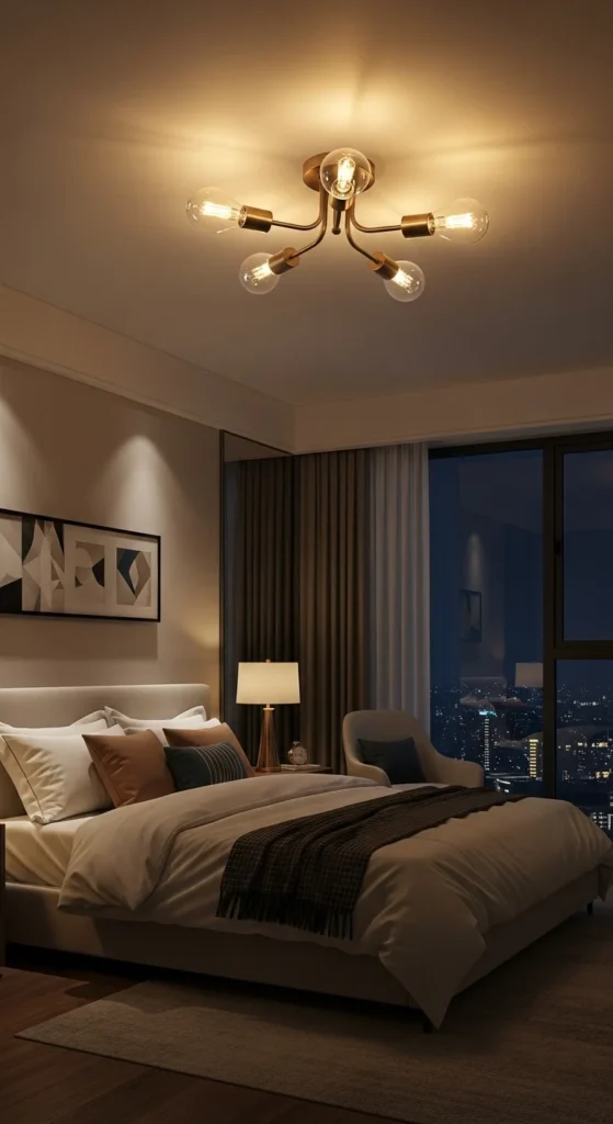 7 Relaxing Bedroom Lighting Ideas You’ll Love Bedroom with a dimmable ceiling light fixture glowing softly