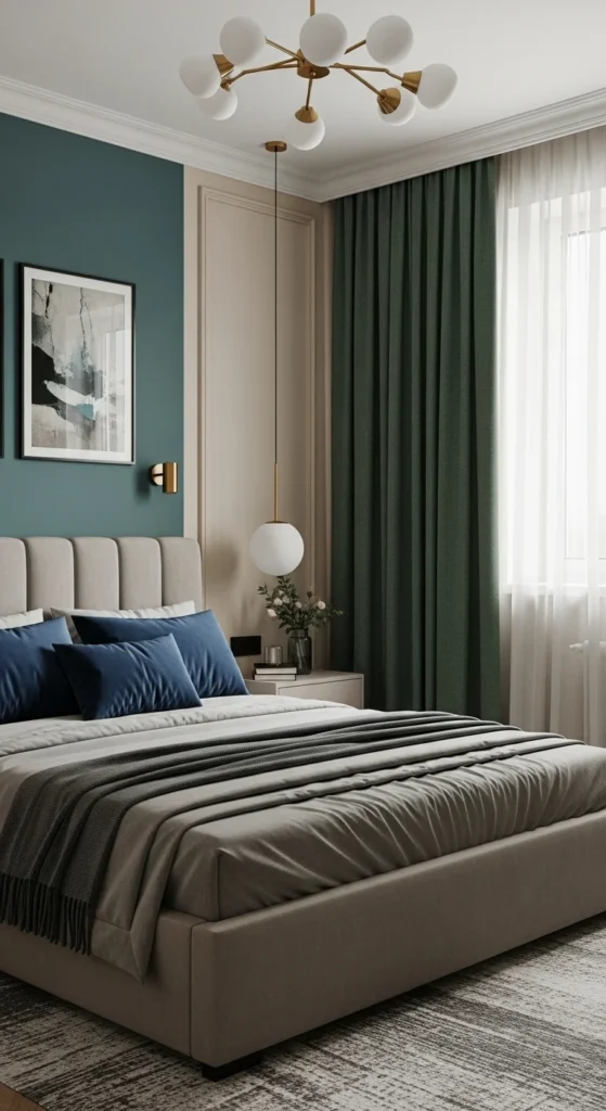 6 Classic Bedroom Design Ideas For Couples Bedroom with beige walls, grey bedding, and colorful accents for couples