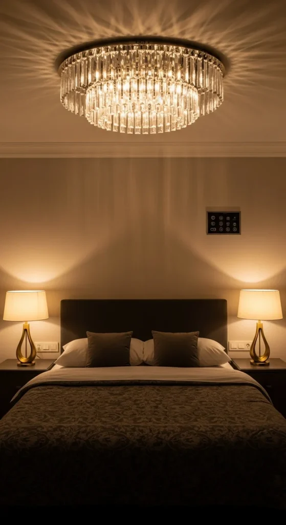 7 Classy Bedroom Ideas for Effortless Elegance Bedroom with chandelier and ambient golden lighting