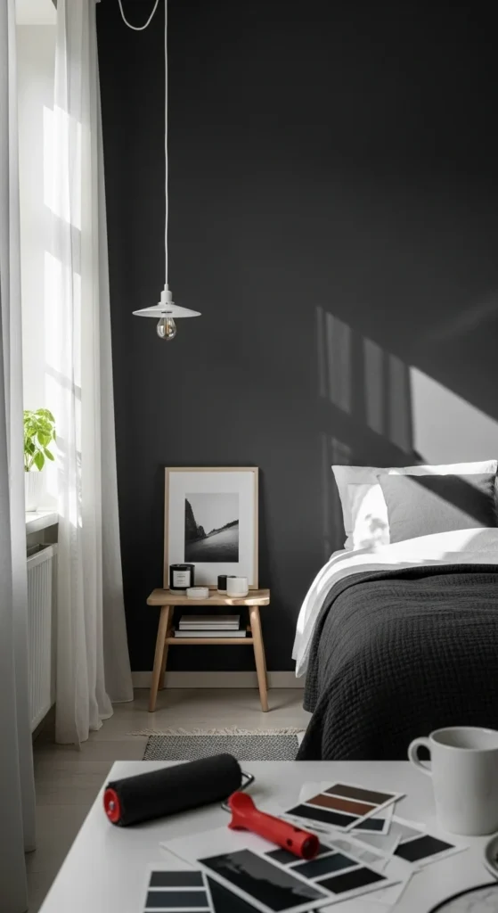 Bedroom with charcoal accent wall and DIY paint tools