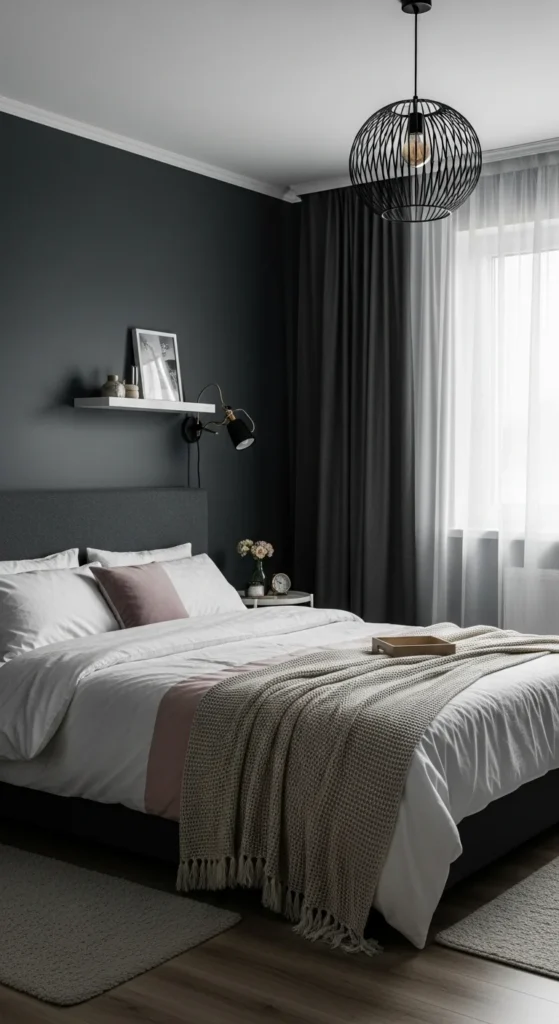 6 Cozy Dark Bedroom: Embrace Warmth and Intimacy Bedroom with dark charcoal walls and soft contrasting bedding