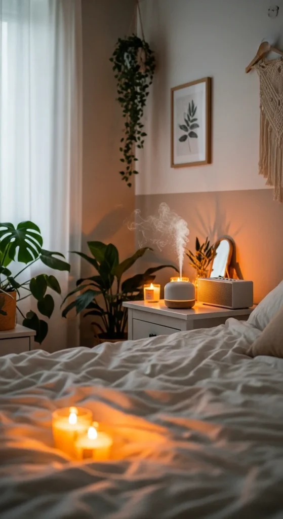 10 Warm Bedroom Aesthetic Ideas for a Comfy Retreat Bedroom with diffuser, candles, and a sound machine for ambiance