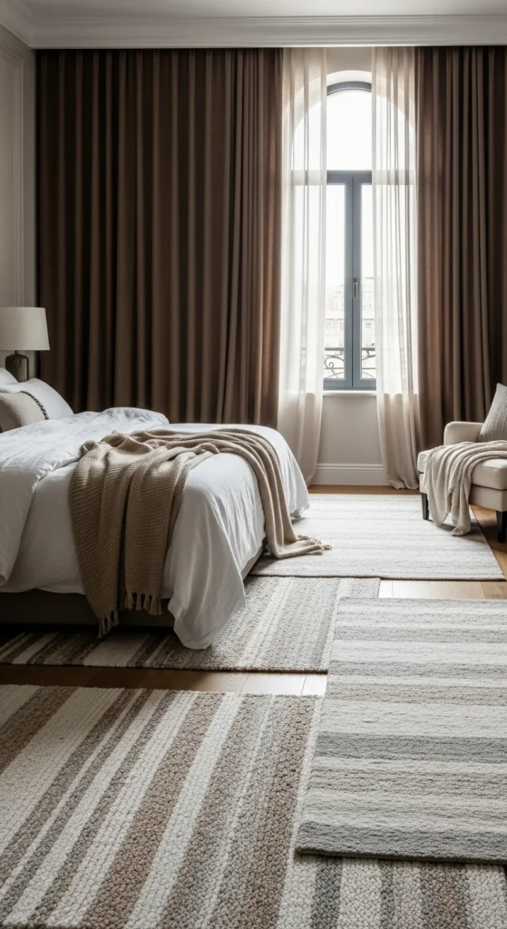 6 Classic Bedroom Design Ideas For Couples Bedroom with layered bedding, textured rugs, and heavy curtains