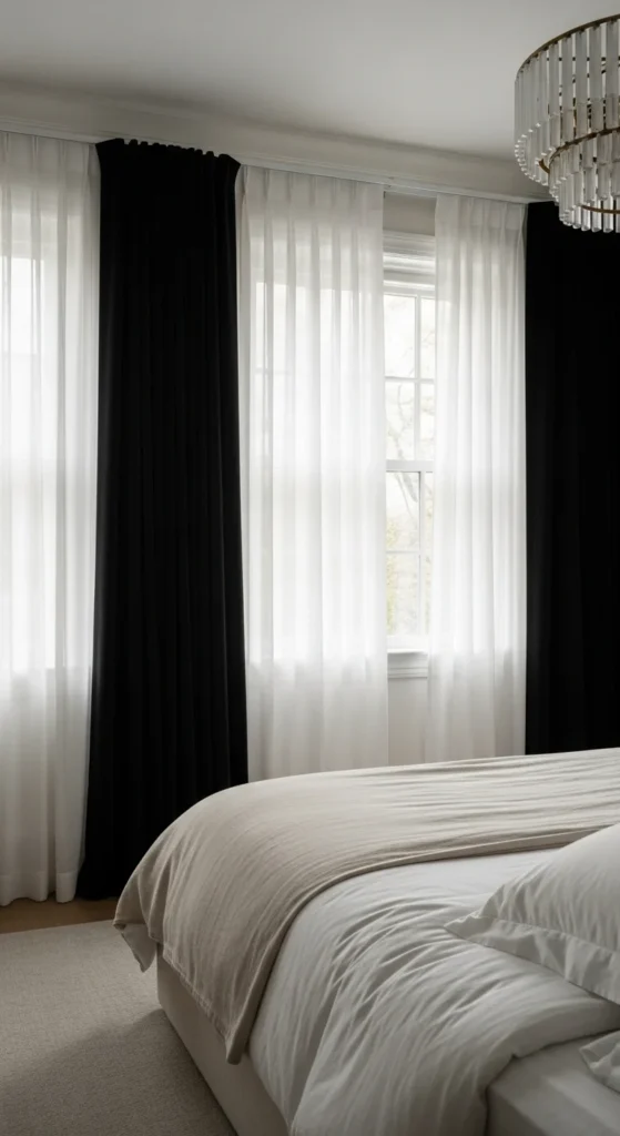 10 Comfy Bedroom Ideas for a Relaxing Retreat Bedroom with layered sheer and blackout curtains