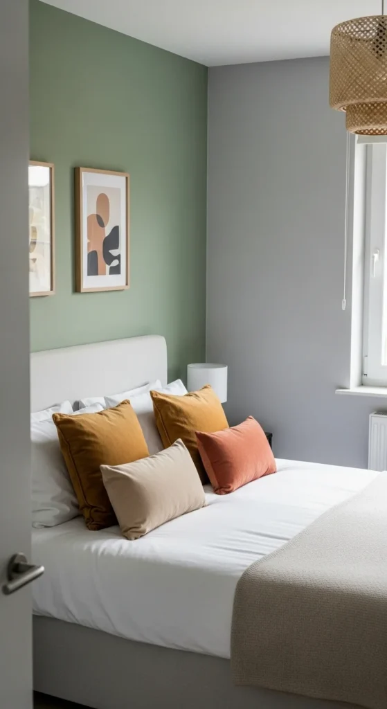 10 Comfy Bedroom Ideas for a Relaxing Retreat Bedroom with modern muted green and gray color palette