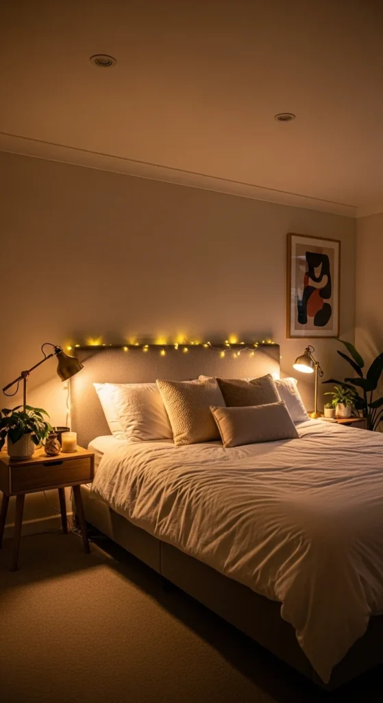 10 Comfy Bedroom Ideas for a Relaxing Retreat Bedroom with mood lighting including lamps and fairy lights