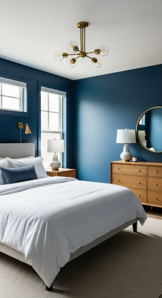 7 Navy Blue Bedroom Ideas for a Bold Yet Relaxing Space Bedroom with navy blue walls and white bedding for contrast