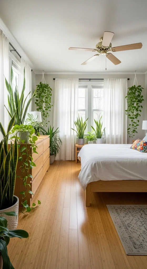 7 Unique Bedroom Design Ideas Bedroom with plants, wood decor, and soft natural lighting