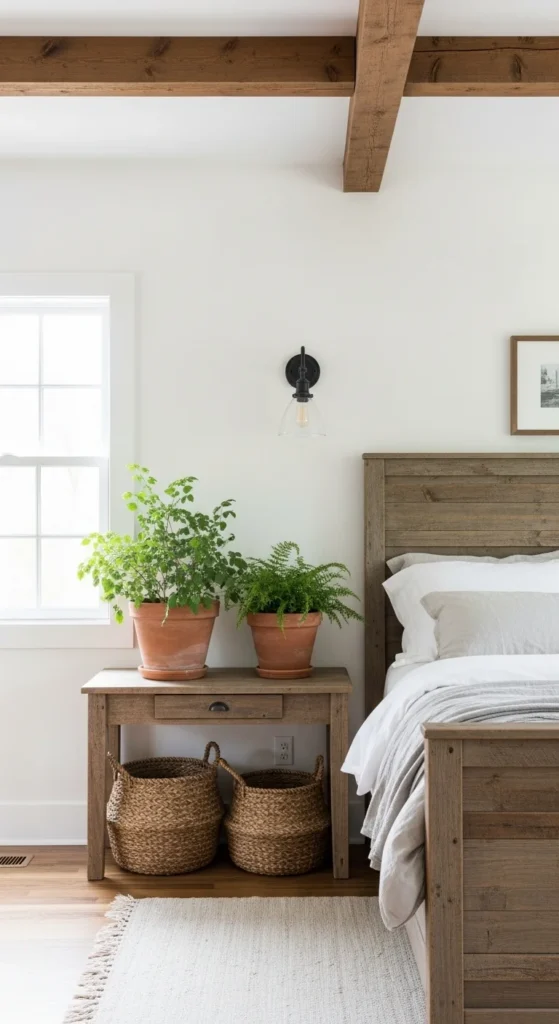 8 Cozy Farmhouse Bedroom Ideas for Country Charm Bedroom with reclaimed wood furniture and indoor plants