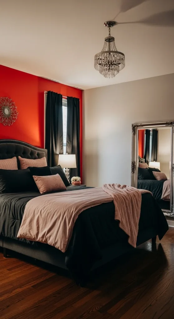 7 Bedroom Paint Color Trends to Try Bedroom with red accent wall and romantic decor