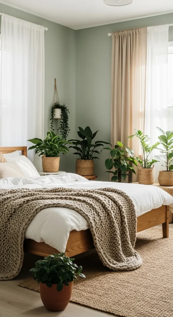 7 Bedroom Paint Color Trends to Try Bedroom with sage green walls and natural wood decor