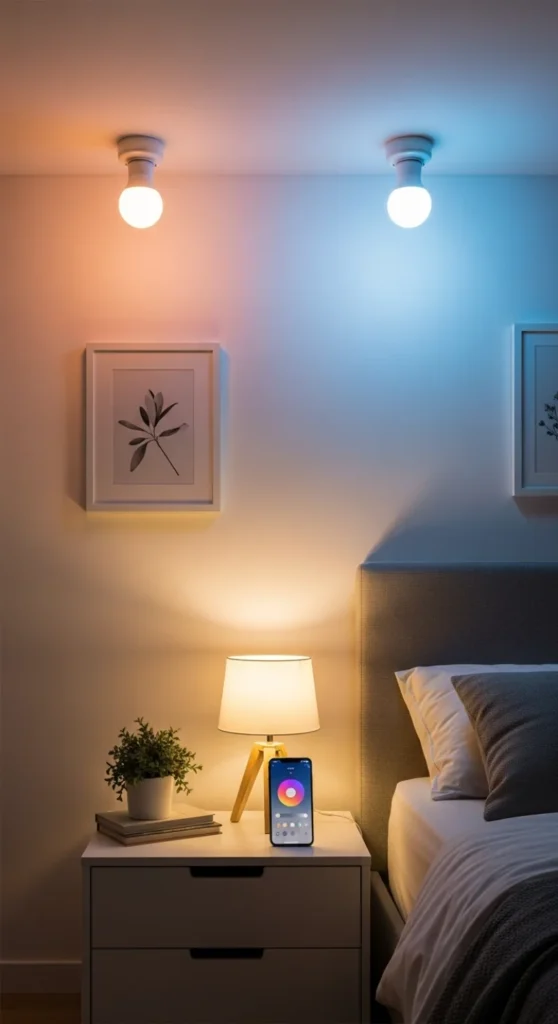 6 Best Bedroom LED Light Ideas Bedroom with smart LED bulbs glowing in adjustable colors