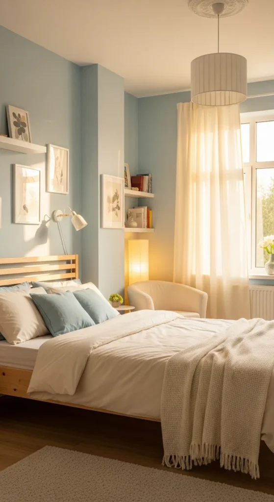 8 Best bedroom color combination ideas for a Dreamy Retreat Bedroom with soft blue walls and cream bedding, bright and serene