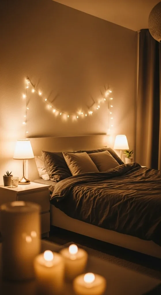 7 Warm Bedroom Ideas for a Cozy, Inviting Space Bedroom with soft lighting from lamps and string lights
