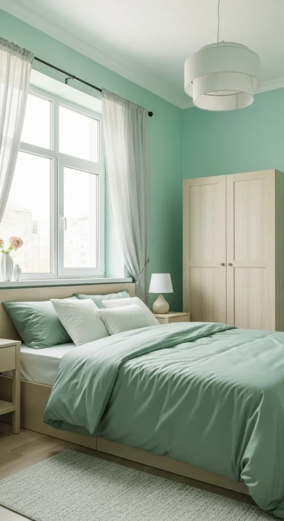 Bedroom with soft mint walls and sage green bedding