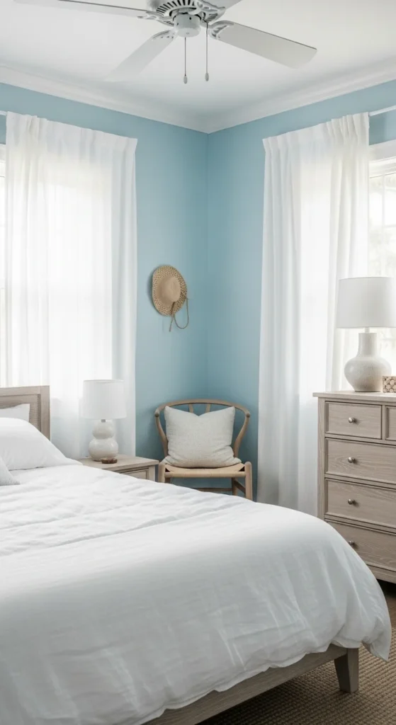 7 Bedroom Paint Color Trends to Try Bedroom with soft sky blue walls and white bedding