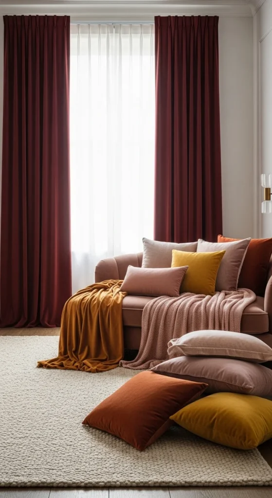 10 Warm Bedroom Aesthetic Ideas for a Comfy Retreat Bedroom with soft textiles like velvet curtains and a plush rug
