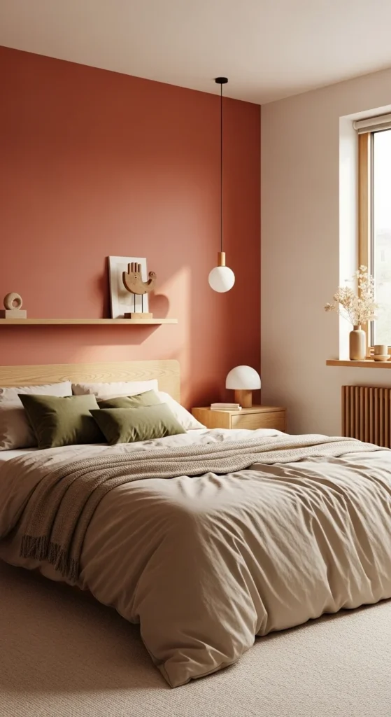10 Warm Bedroom Aesthetic Ideas for a Comfy Retreat Bedroom with terracotta wall and beige-green color palette