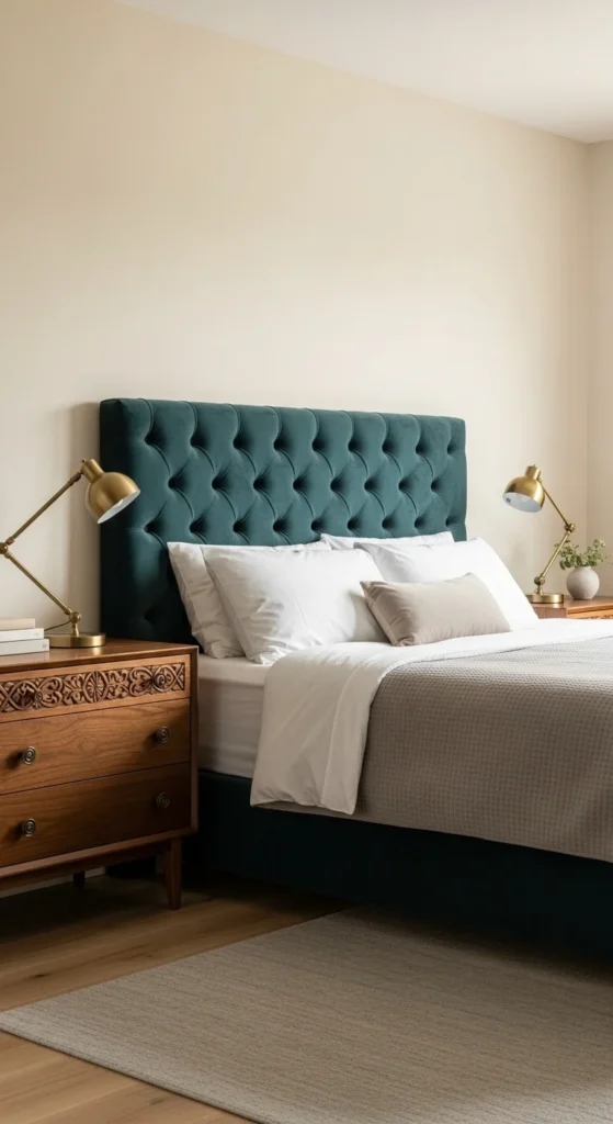 Bedroom with tufted headboard and vintage wooden furniture