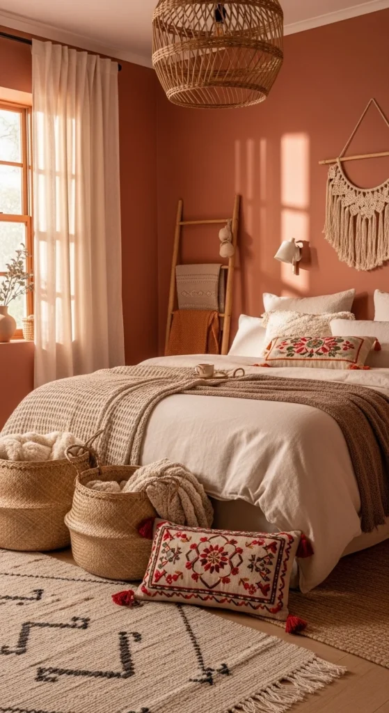 7 Bedroom Paint Color Trends to Try Bedroom with warm terracotta walls and cozy accents