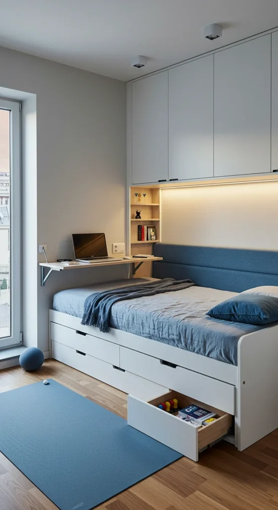 6 Bedroom interior Design Trends to Transform Your Space Bedroom with workspace, storage, and a wellness corner