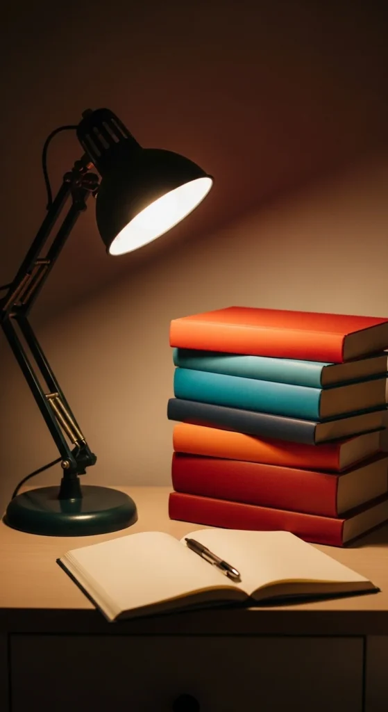 7 Stylish Bedside Table Decorating Ideas Bedside table styled with stacked books and a reading lamp