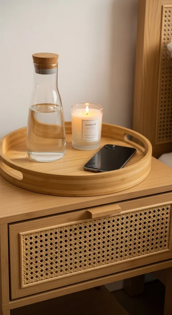 7 Stylish Bedside Table Decorating Ideas Bedside table with a wooden tray for organizing essentials
