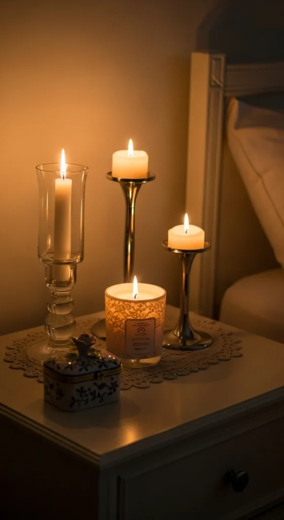 7 Stylish Bedside Table Decorating Ideas Bedside table with candles, photo frame, and decorative box