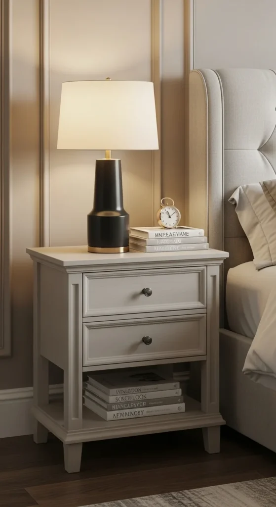 7 Stylish Bedside Table Decorating Ideas Bedside table with cohesive, well-balanced decorative elements