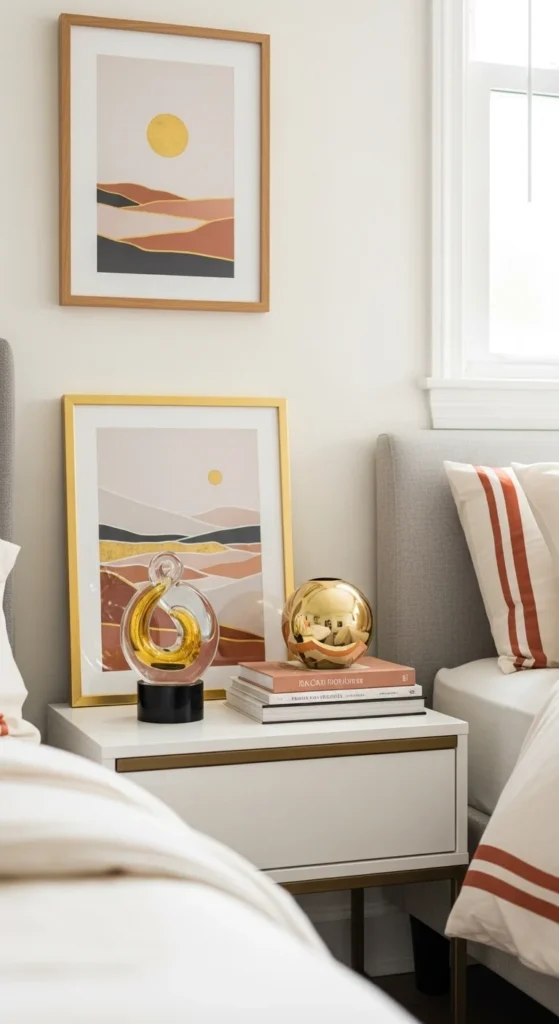 7 Stylish Bedside Table Decorating Ideas Bedside table with decorative art pieces and books