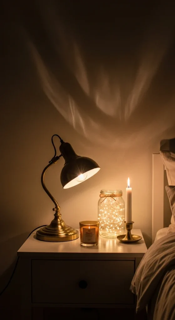 7 Stylish Bedside Table Decorating Ideas Bedside table with layered lighting including a lamp and fairy lights