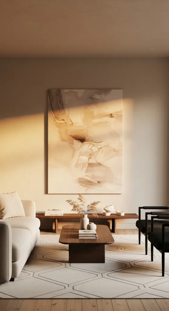7 Beige Living Room Ideas That Are Calm and Cozy Beige living room with calming artwork as a focal point