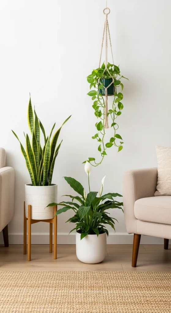 6 Calm & Chic Neutral Living Room Design Ideas Beige living room with indoor plants and earthy textures