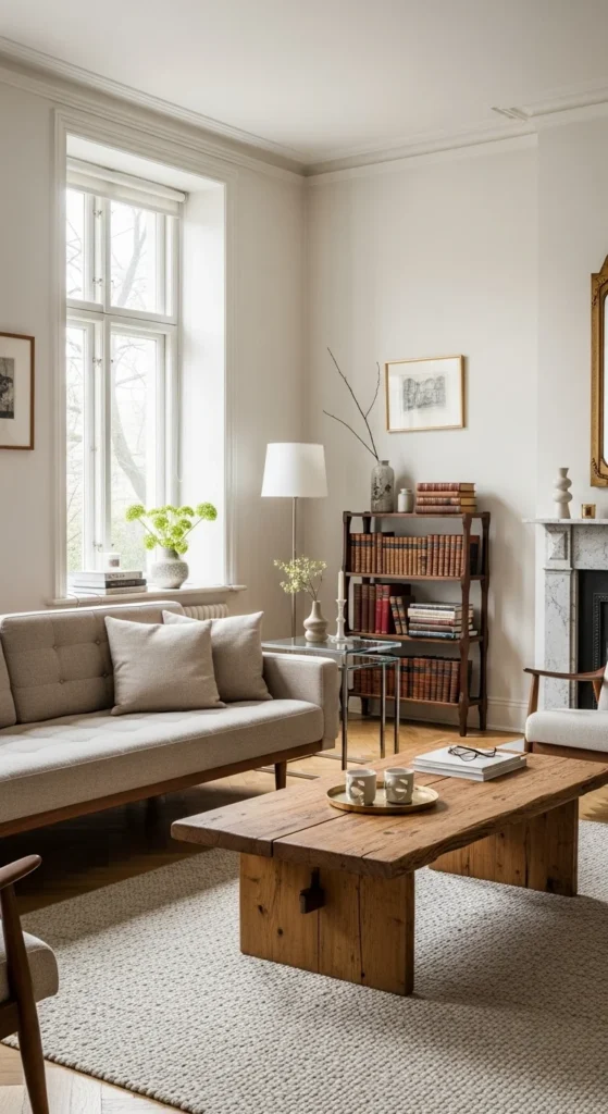 7 Beige Living Room Ideas That Are Calm and Cozy Beige living room with modern and vintage furniture mix