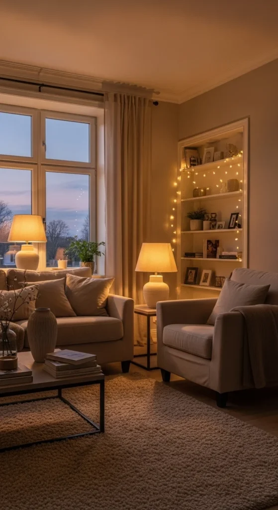 7 Beige Living Room Ideas That Are Calm and Cozy Beige living room with soft, warm lighting for a cozy feel