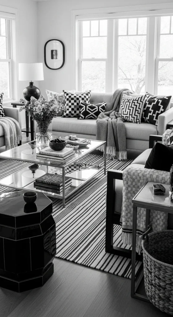 6 Black And White Living Room Ideas You Can’t Go Wrong With Black and white living room with bold patterns and textured fabrics
