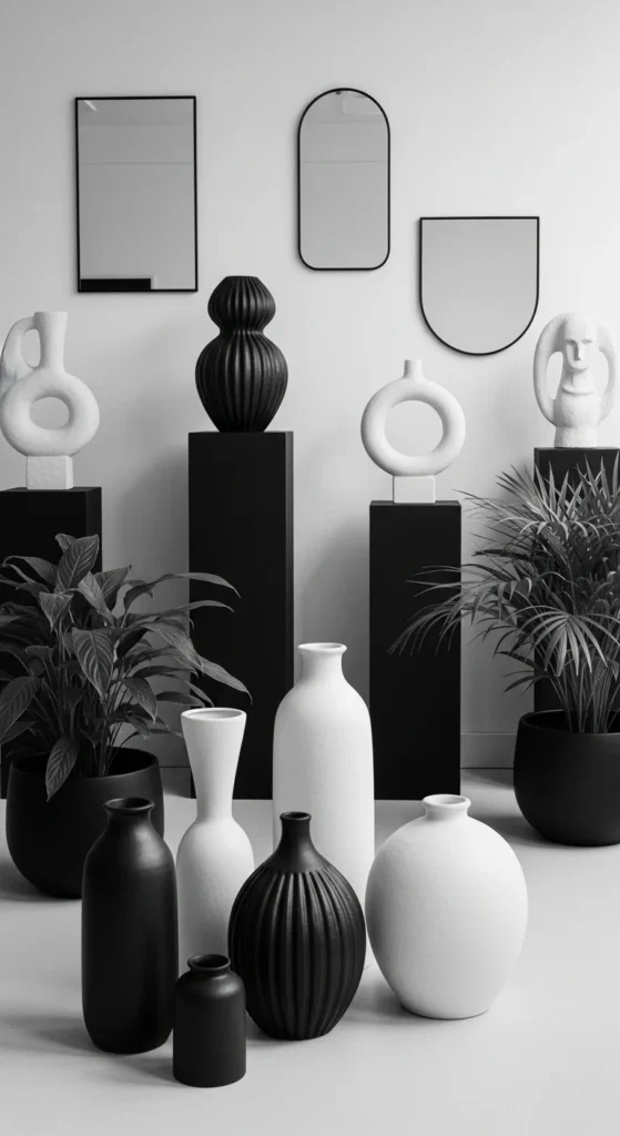 6 Black And White Living Room Ideas You Can’t Go Wrong With Black and white living room with vases, greenery, and mirrors