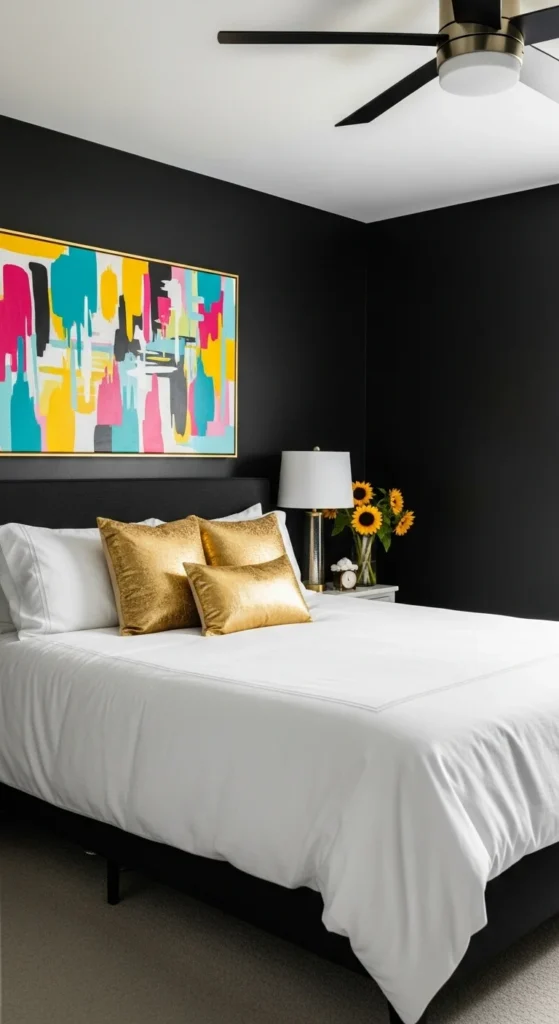 7 Black Bedroom Ideas For a Stunning Space Black bedroom with white bedding and colorful accents