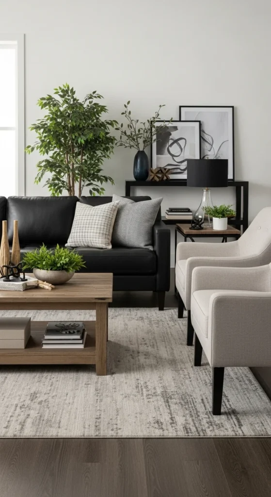 5 Stylish Leather Couch Living Room Ideas to Copy Now Black leather couch with wooden table and beige accent chairs
