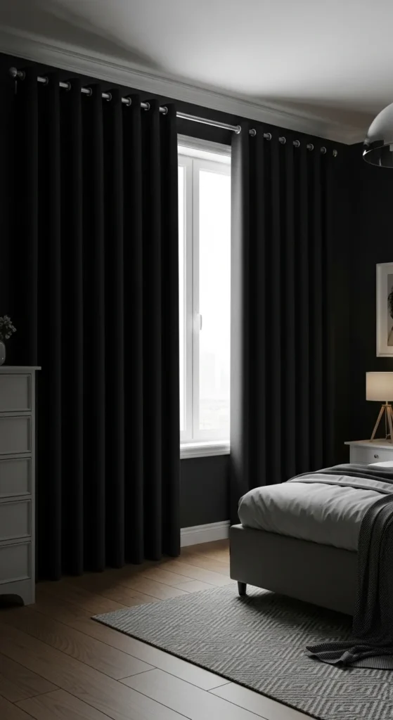 7 Chic Bedroom Curtain Ideas for a Peaceful Night’s Sleep Blackout curtains fully closed for complete darkness in bedroom