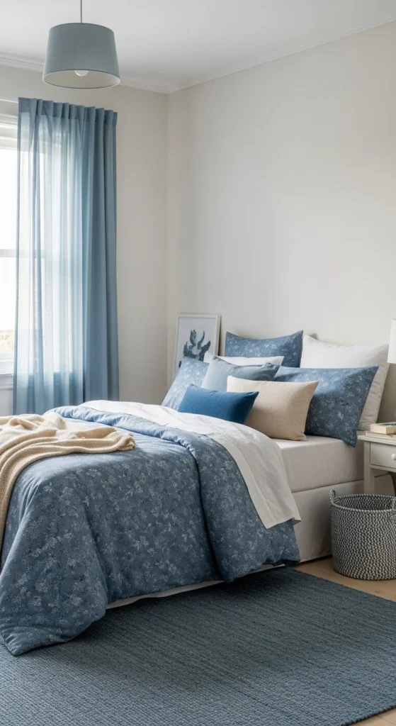 8 Stylish Blue Bedroom Ideas for a Serene Atmosphere Blue bedroom with patterned textiles and soft fabric accents