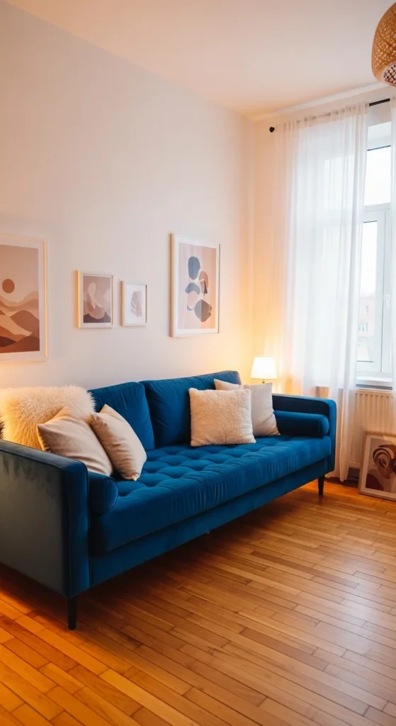 8 Blue Couch Living Room Ideas for the Best Look Blue couch beneath an eclectic gallery wall in the living room