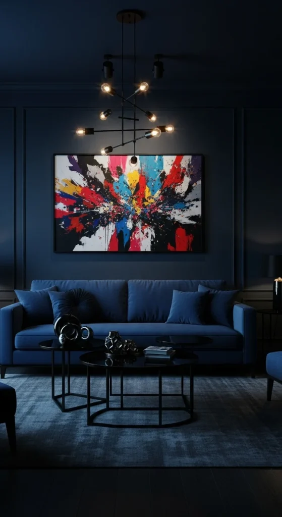 8 Blue Couch Living Room Ideas for the Best Look Blue couch in a bold living room with dark walls and art