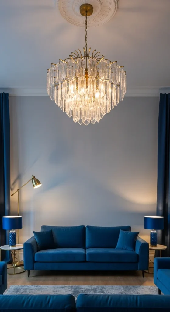 8 Blue Couch Living Room Ideas for the Best Look Blue couch in a living room with bold, elegant lighting