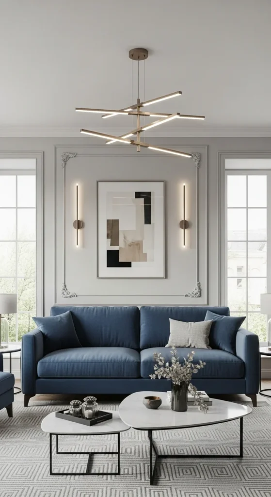 8 Blue Couch Living Room Ideas for the Best Look Blue couch in a modern gray and neutral-toned living room