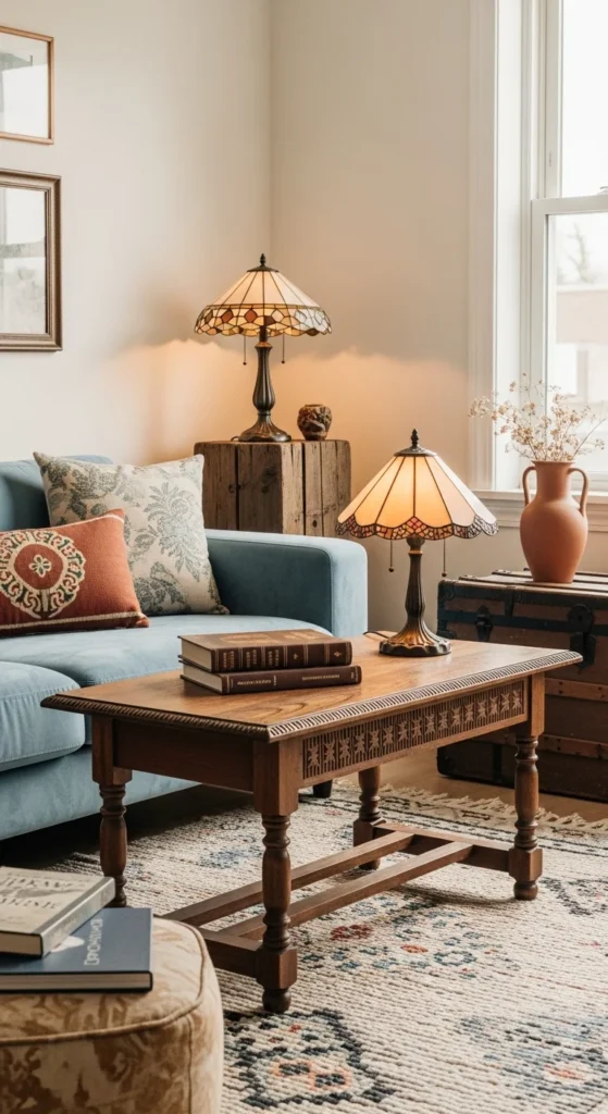 8 Blue Couch Living Room Ideas for the Best Look Blue couch paired with charming vintage living room pieces